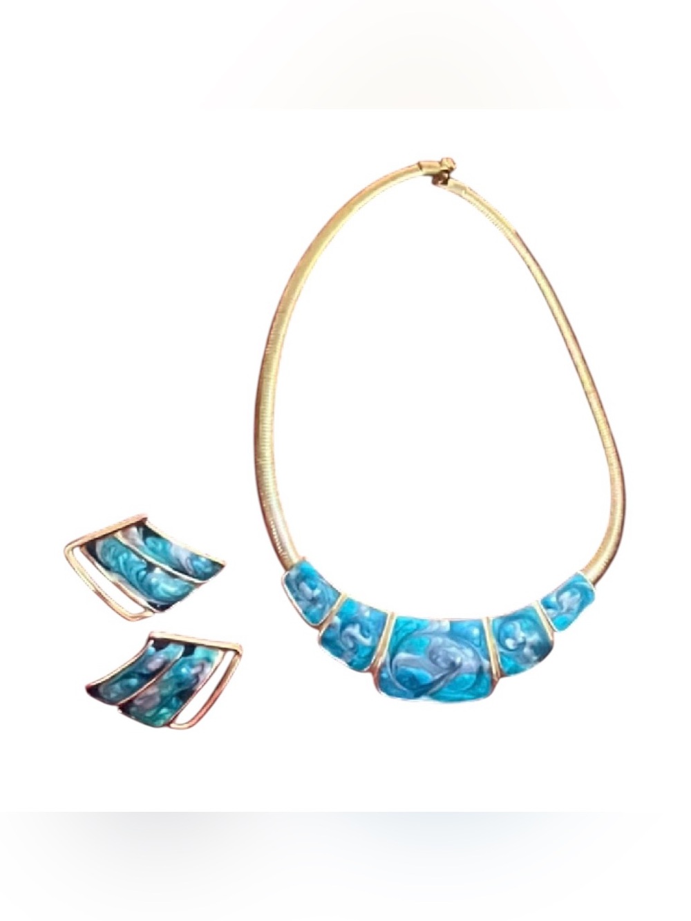 Gold-metal Tone Bib Necklace & Earring Set with Turquoise Marbled Swirl Pattern